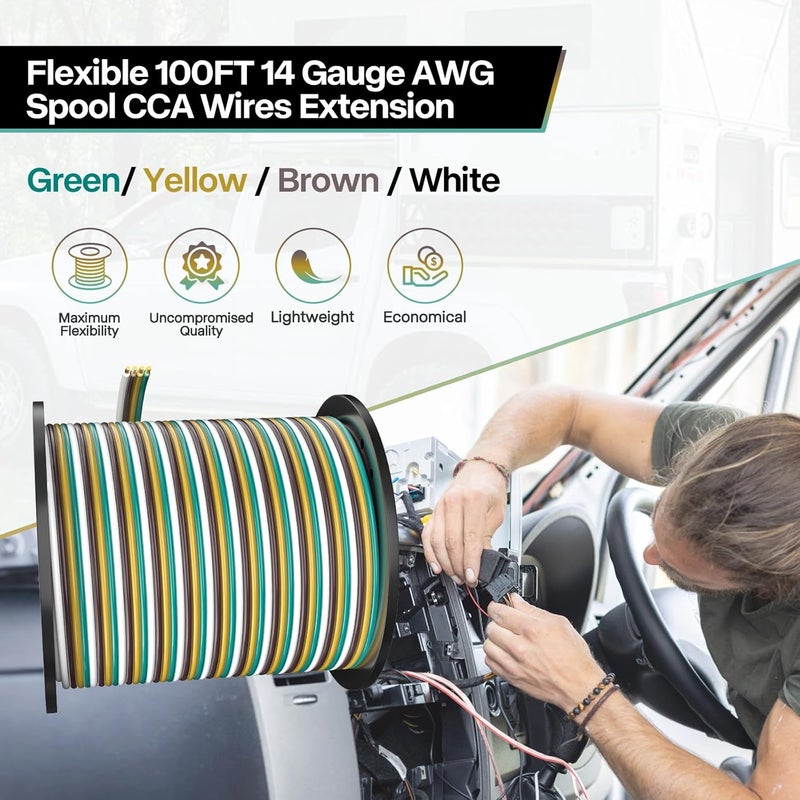 LIMICAR 100FT 14 Gauge Trailer Wiring Harness Kit - 4-Way Bonded, Color-Coded Boat Trailer Wiring for Lights - Image 3